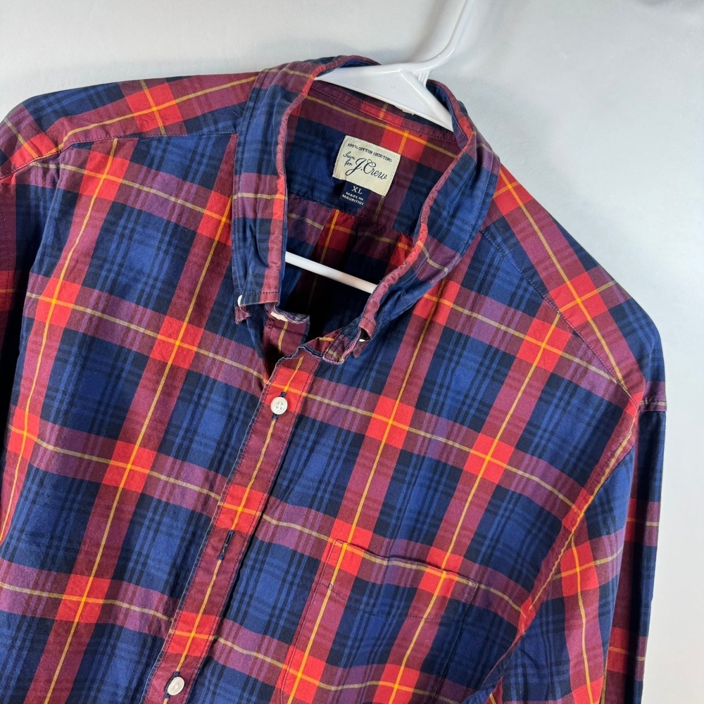 J.Crew Mens XL Plaid Button Down Shirt Blue Red Cotton Long Sleeve Pocket